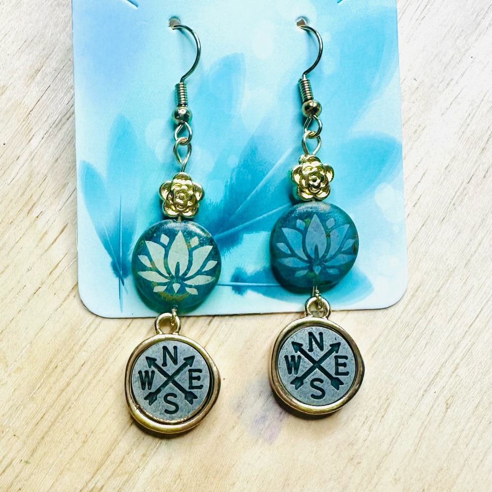 Lotus And Compass Blue and Gold Earrings
